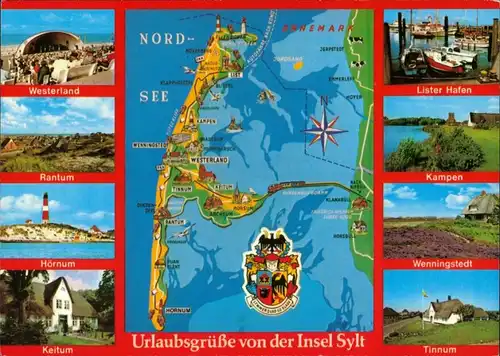 Gemeinde Sylt Insel Sylt Landkarte und Orte ua. Hörnum, Keitum,  Kampen 1980