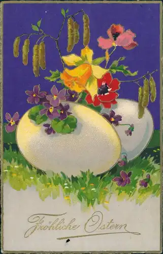 Ansichtskarte  Ostern - Goldrand Ostereier - Blumen 1927 Goldrand