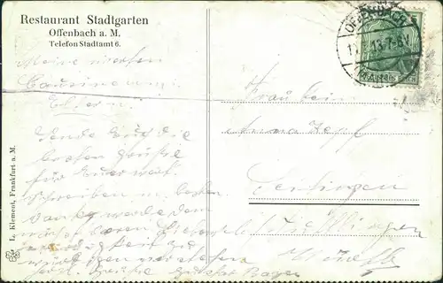 Ansichtskarte Offenbach (Main) Restaurant Stadtgarten 1913