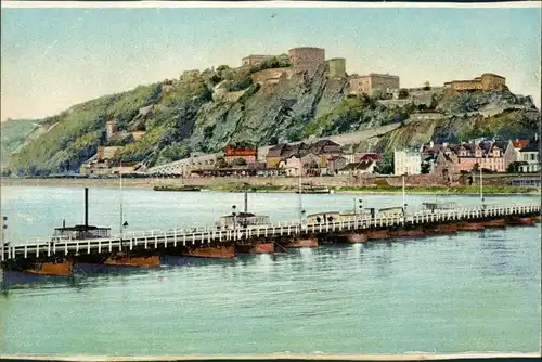 Ehrenbreitstein-Koblenz Ehrenbreitstein am Rhein alte Brücke u. Burg 1910