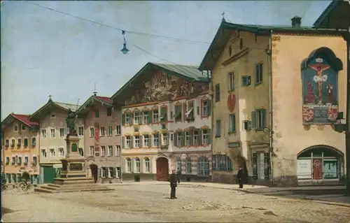 Ansichtskarte Bad Tölz Marktstrasse, bemalte Häuser 1915