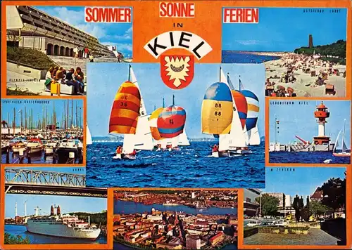 Kiel Mehrbild-AK ua. Segel-Regatta, Laboe, Hafen, Schiffe, Luftbild 1980