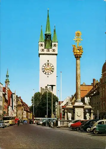 Straubing Dreifaltigkeitssäule, Stadtturm, Rathaus diverse Autos, Bus 1975
