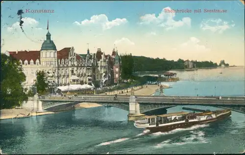 Ansichtskarte Konstanz Rheinbrücke mit Seestrasse und Dampfer 1914