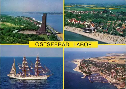 Stein-Laboe 4 Ansichten Luftaufnahme, Segelschiff, Strand, Marine-Denkmal 1990