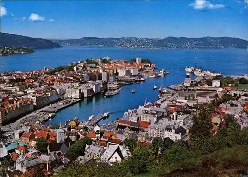 Bergen Bergen Utsikt over byen med Vågen Panoramic Postcard 1975