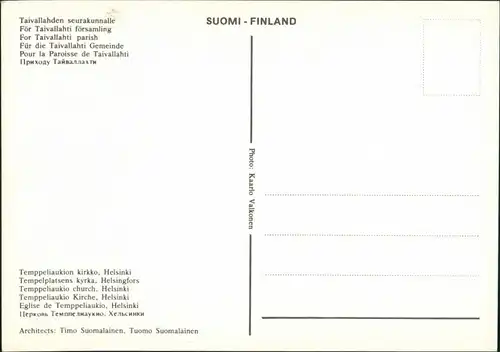 Postcard Helsinki Helsingfors Temppeliaukion kirkko Kirche Church 1970