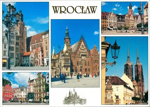 Postcard Breslau Wrocław 5 Fotos, Stadtteilansichten Mehrbild-AK 2005