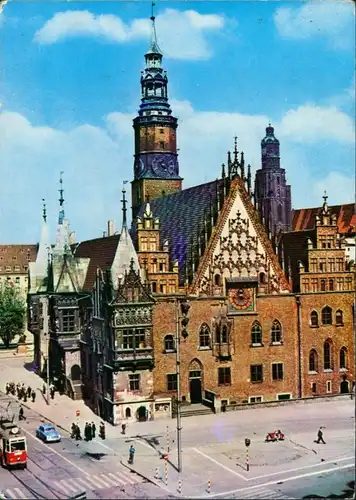Postcard Breslau Wrocław Rathaus Strassen Partie, Autos, Tram 1970