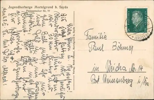 Ansichtskarte Sayda Mortelgrund - Jugendherberge 1929