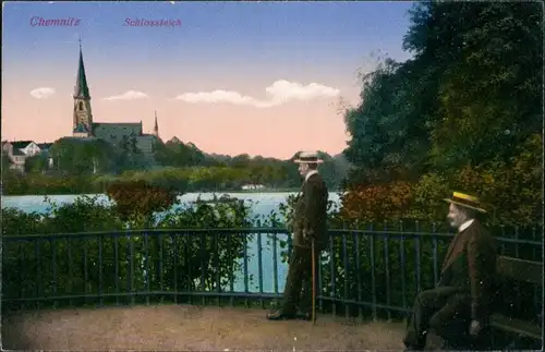 Ansichtskarte Chemnitz gut gekleidete Männer am Schlossteich 1913