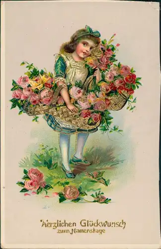 Geburtstag Mädchen mit Blumenkörben - Goldprägekarte 1911 Goldrand