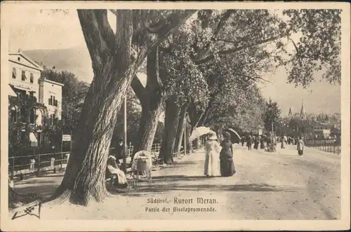 Cartoline Meran Merano Giselapromende, Frauen flanieren Südtirol 1924