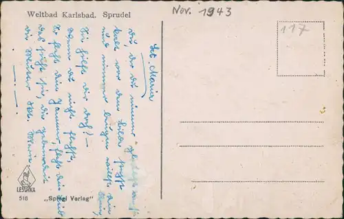 Postcard Karlsbad Karlovy Vary Sprudel,Holzverhau 1942