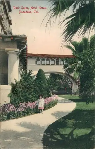 Postcard Pasadena Park Scene Hotel Green 1908