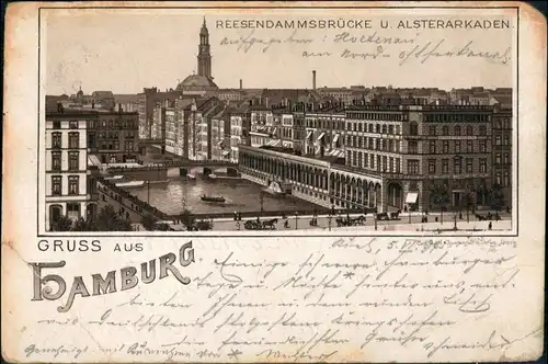 Litho AK Hamburg Alsterarkaden, Reesendammbrücke Gruss aus 1894