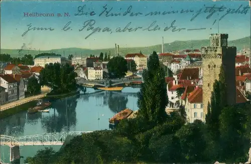 Heilbronn Panorama-Ansicht Blick auf Brücke und kleine Boote 1914