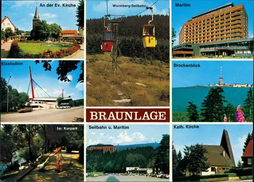 Braunlage Mehrbild-AK mit Kirche, Seilbahn, Maritim-Hotel, Brocken uvm. 1980