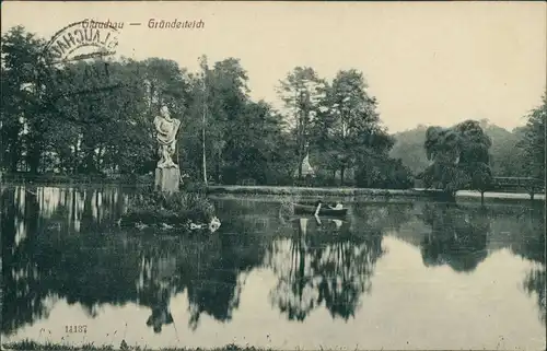 Ansichtskarte Glauchau Partie am Gründelteich, Denkmal, Ruderboot 1930