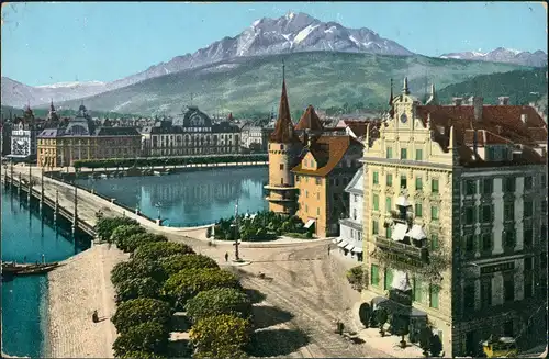 Ansichtskarte Luzern Lucerna Panorama-Ansicht Brücke Blick Pilatus 1908