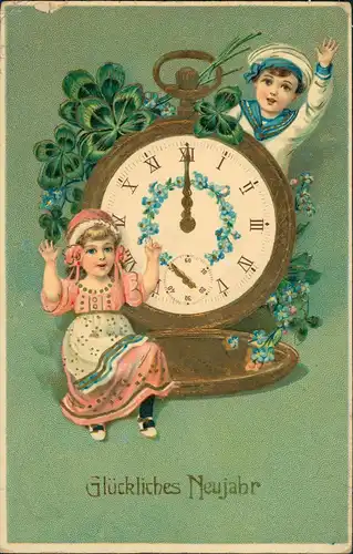 Glückwunsch - Neujahr/Sylvester Riesenuhr Kinder Goldprägekarte Kleeblätter 1912 Goldrand
