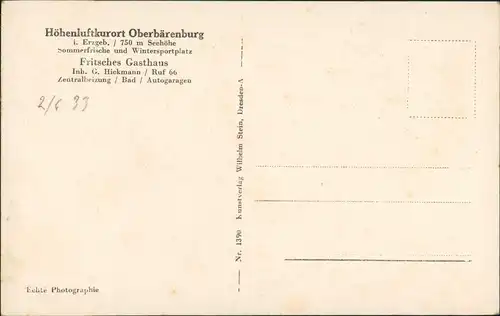 Ansichtskarte Oberbärenburg-Altenberg (Erzgebirge) Fitzsches Gasthof 1932