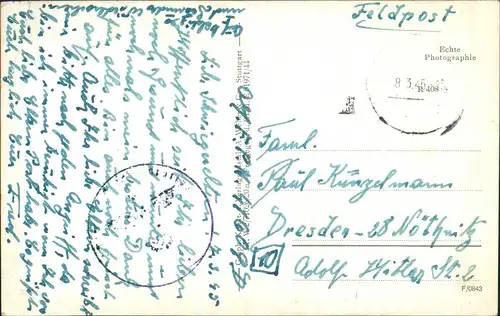 Ansichtskarte Fellbach gel Feldpost Chiffre-Adresse 1945