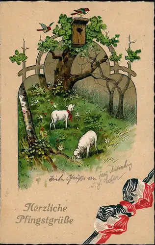 Glückwunsch: Pfingsten Schafe Künstlerkarte Patriotika 1915 Goldrand