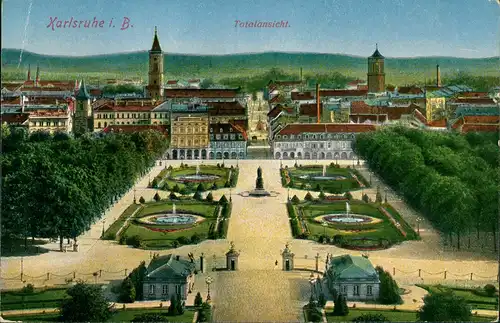 Karlsruhe Totalansicht, Stadt Teilansicht, Grünanlagen Springbrunnen 1926