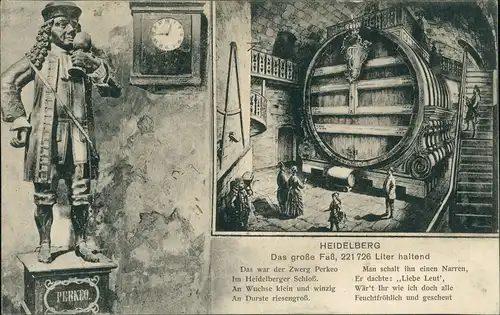 Heidelberg Das große Heidelberger Fass, Zwerg Perkeo, 2-Bild-Karte 1925