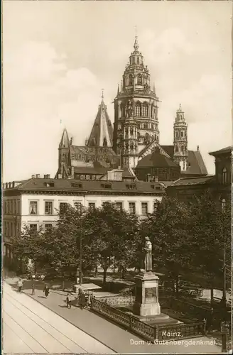 Ansichtskarte Mainz Dom Strassen Partie Gutenberg-Denkmal 1927   AK