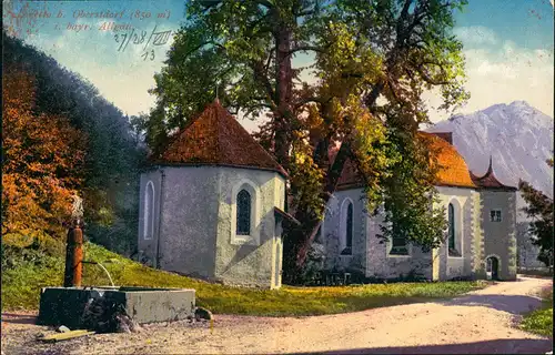 Oberstdorf (Allgäu) Panorama-Ansicht Berge, Kapelle, Brunnen, Weg Partie 1913