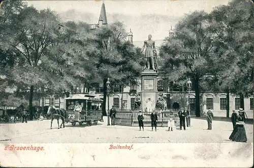 Den Haag Den Haag Partie am Buitenhof, Pferde-Tram, Personen, Denkmal 1906