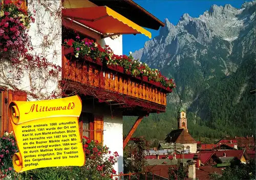 Ansichtskarte Mittenwald Teilansicht mit Chronik Text Chronikkarte 1990