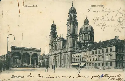 Ansichtskarte München Partie an der Feldherrnhalle mit Theatinerkirche 1907