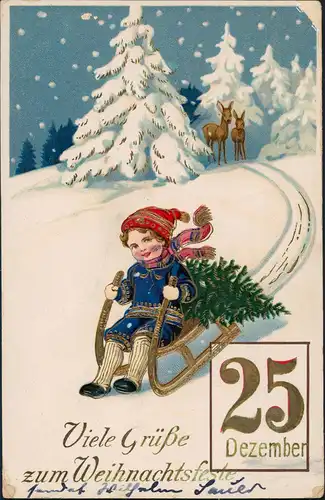 Glückwunsch/Grußkarten: Weihnachten Schlitten 25. Dez. GoldPrägeAK 1915 Goldrand