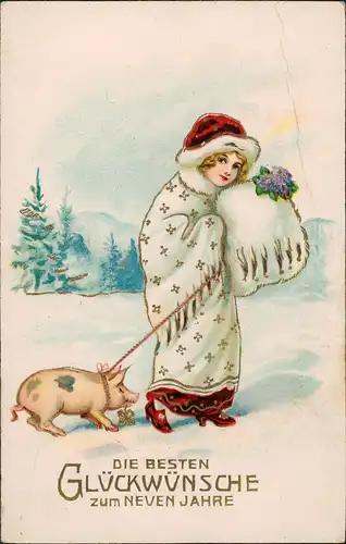 Glückwunsch Sylvester Glücksschwein Mädchen Goldrandprägekarte 1915 Goldrand