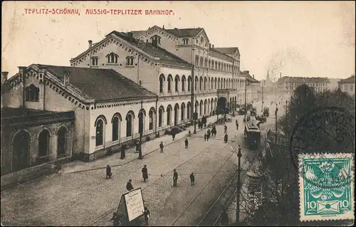 Postcard Teplitz-Schönau Teplice Bahnhof, Straße, Straba 1920