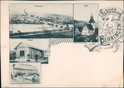 Ansichtskarte Benningen am Neckar Bahnhof, Gasthof, Kirche 1908