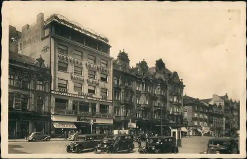 Postcard Pilsen Plzeň Straße, Geschäfte Autos 1941