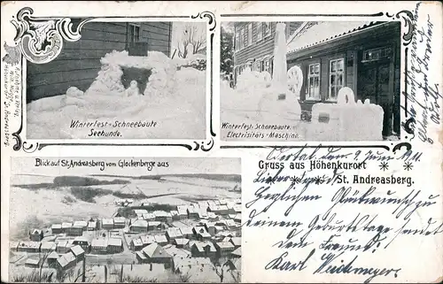 Ansichtskarte Sankt Andreasberg-Braunlage 3 Bild Winterfest - E-Werk 1906