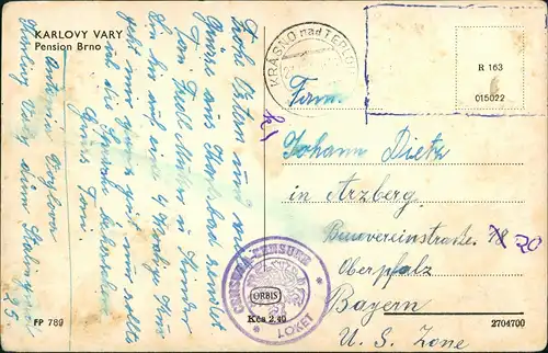 Postcard Karlsbad Karlovy Vary Gaststätte Hotel PENSION Brno 1955