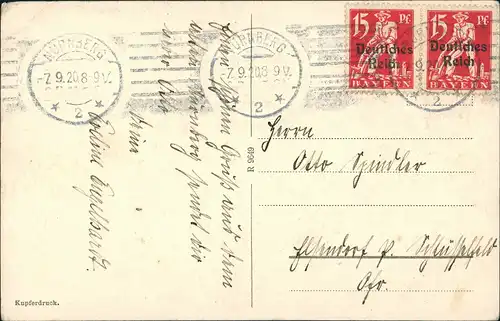 Nürnberg  Postcard 1920  Stempel NÜRNBERG auf 2x 15 Pf. DR Zudruck-Frankatur