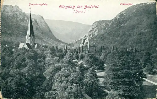 Thale (Harz) Hexentanzplatz (Bodetal) Rosstrappe Kirche Berg Blick 1910