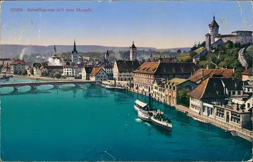 Schaffhausen Stadtteilansicht mit dem Munoth. Panorama  Schiff, Brücke 1925