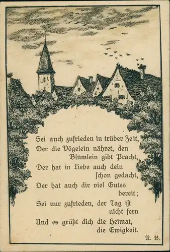 Künstlerkarte Spruchkarte "Zufrieden in trüber Zeit" R. B. 1923