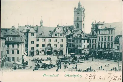 Ansichtskarte Darmstadt Marktplatz, markttreiben - Geschäfte 1904