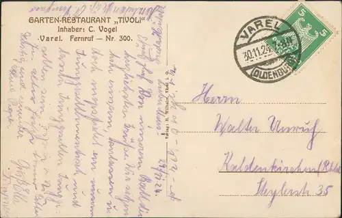 Ansichtskarte Varel Garten-Restaurant Tivoli 1924