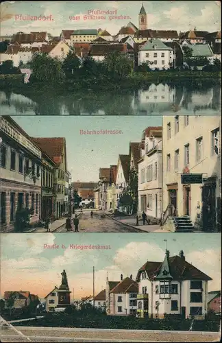Ansichtskarte Pfullendorf 3 Bild Stadt, Bahnhofstraße, Kriegerdenkmal 1908