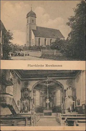 Ansichtskarte Merzhausen 2 Bild Innen und Außen Aufbau 1949